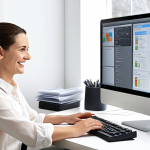 **Organized Digital Archive:** A well-lit, modern office. A smiling woman sits at a clean desk, effortlessly managing digital documents on a large monitor. The screen displays an intuitive, user-friendly interface with clear file categories and search options. Focus on the feeling of control and efficiency.