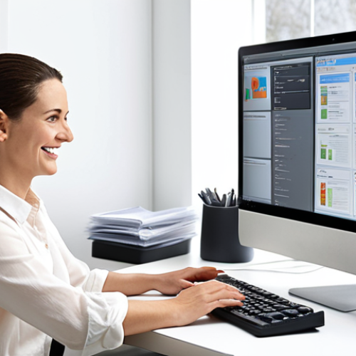 Home 4 **Organized Digital Archive:** A well-lit, modern office. A smiling woman sits at a clean desk, effortlessly managing digital documents on a large monitor. The screen displays an intuitive, user-friendly interface with clear file categories and search options. Focus on the feeling of control and efficiency.