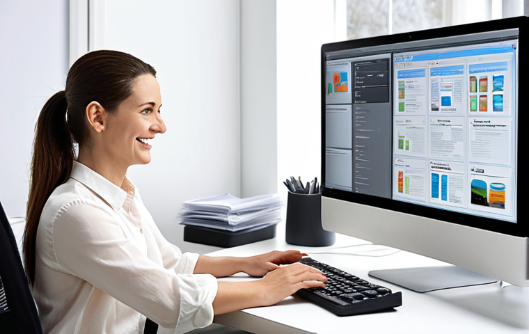 **Organized Digital Archive:** A well-lit, modern office. A smiling woman sits at a clean desk, effortlessly managing digital documents on a large monitor. The screen displays an intuitive, user-friendly interface with clear file categories and search options. Focus on the feeling of control and efficiency.